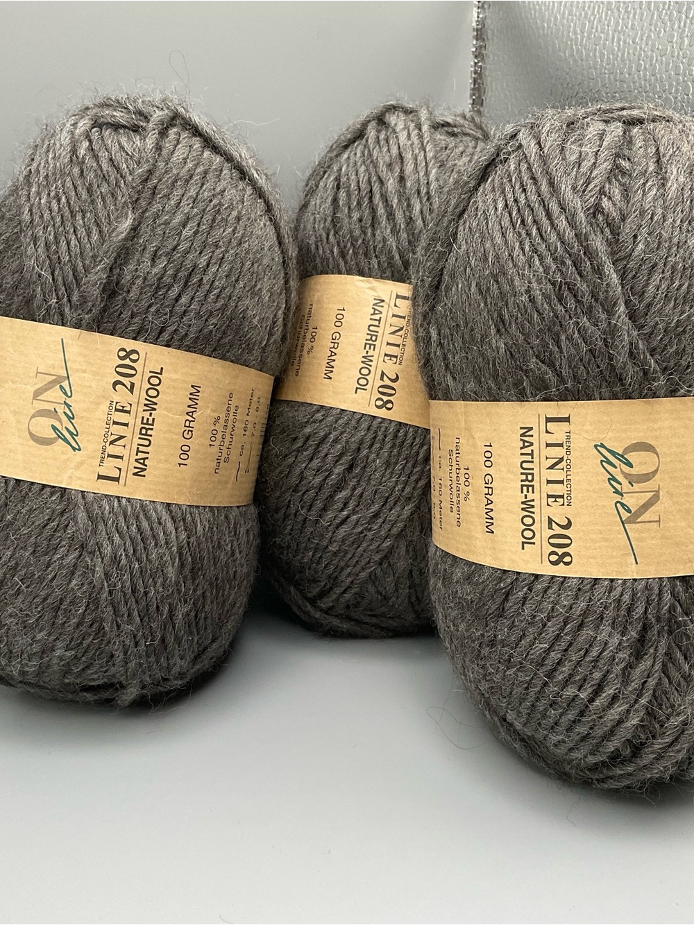 Linie 208 Nature Wool Yarn On Line 100% Wool 3- 100gr Skeins Grey